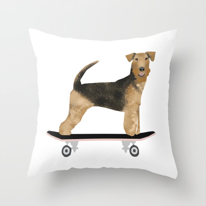 Airedale Terrier Skateboard Dog art Throw Pillow