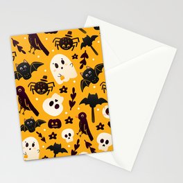 Colourful Orange Halloween Seamless Pattern with Cute Spider, Crow and Ghost Characters Stationery Card