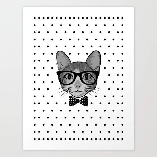 Cat Hipster With Bow Tie - Polka Dots Pattern Art Print