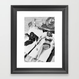 Lady and Chimp Sunbathing, Black and White, Vintage Art Framed Art Print