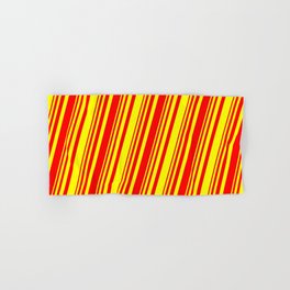 [ Thumbnail: Red and Yellow Colored Lined/Striped Pattern Hand & Bath Towel ]