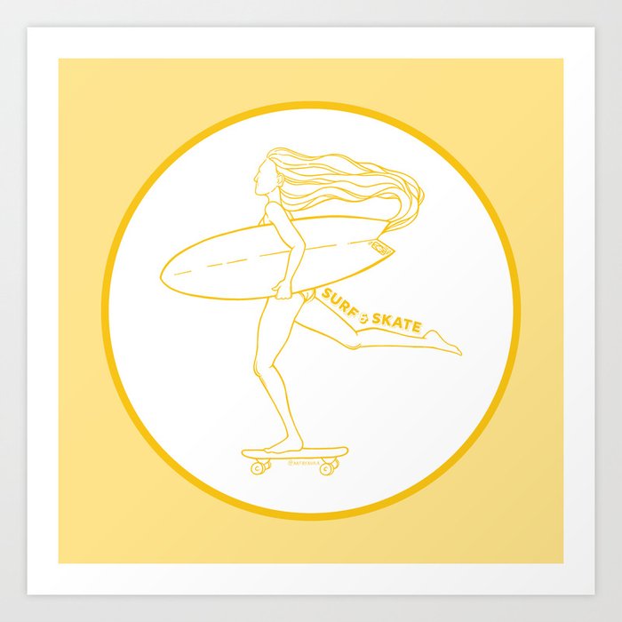 Surf Skate Cruise | California Skater Surfer Girl Design | Beach Inspired Artwork | Yellow Sunshine Art Print