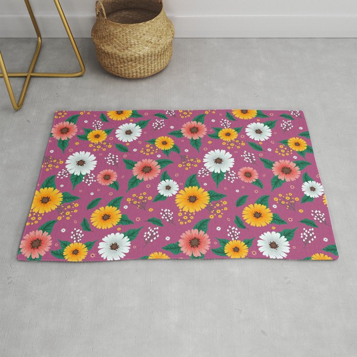 Colorful Spring Flowers Pattern in Magenta Background Rug