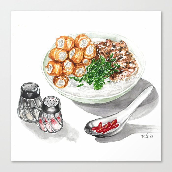 Watercolor Food Illustration - Rice Porridge with Ground Pork and deep-fried Breadstick Canvas Print