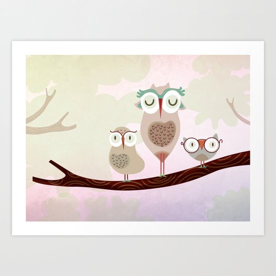 Mother owl and children Art Print