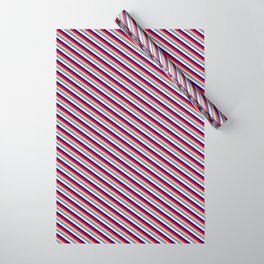[ Thumbnail: Vibrant Red, Grey, Light Slate Gray, Beige & Dark Blue Colored Pattern of Stripes Wrapping Paper ]