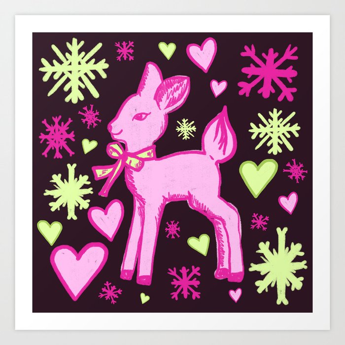 Fawn with Bow, Hearts and Snowflakes, Pink and Green over Black Art Print
