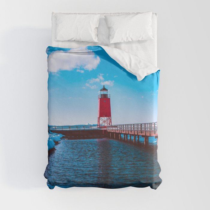 Winter day at the Charlevoix Michigan Lighthouse Duvet Cover