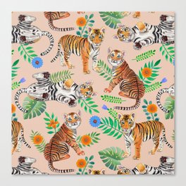 Tiger Cubs and Flowers (Beige) Canvas Print