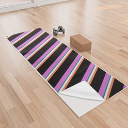 [ Thumbnail: Orchid, Black, Coral, Mint Cream, and Teal Colored Lines/Stripes Pattern Yoga Towel ]