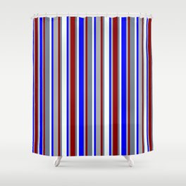 [ Thumbnail: Eyecatching Slate Gray, Mint Cream, Blue, Dark Grey, and Dark Red Colored Lined Pattern Shower Curtain ]