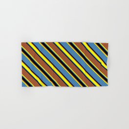 [ Thumbnail: Sienna, Yellow, Blue, and Black Colored Lines/Stripes Pattern Hand & Bath Towel ]