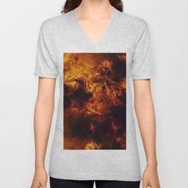 Molten Fire Burst Flames Black and Orange Abstract Artwork V Neck T Shirt
