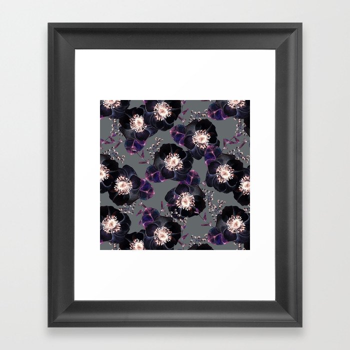 Night Rose Black + Gray Purple Framed Art Print