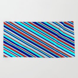 [ Thumbnail: Powder Blue, Red, Aqua, and Blue Colored Lined Pattern Beach Towel ]