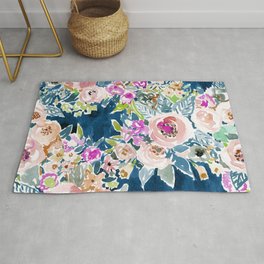 NAVY SO LUSCIOUS Colorful Watercolor Floral Rug