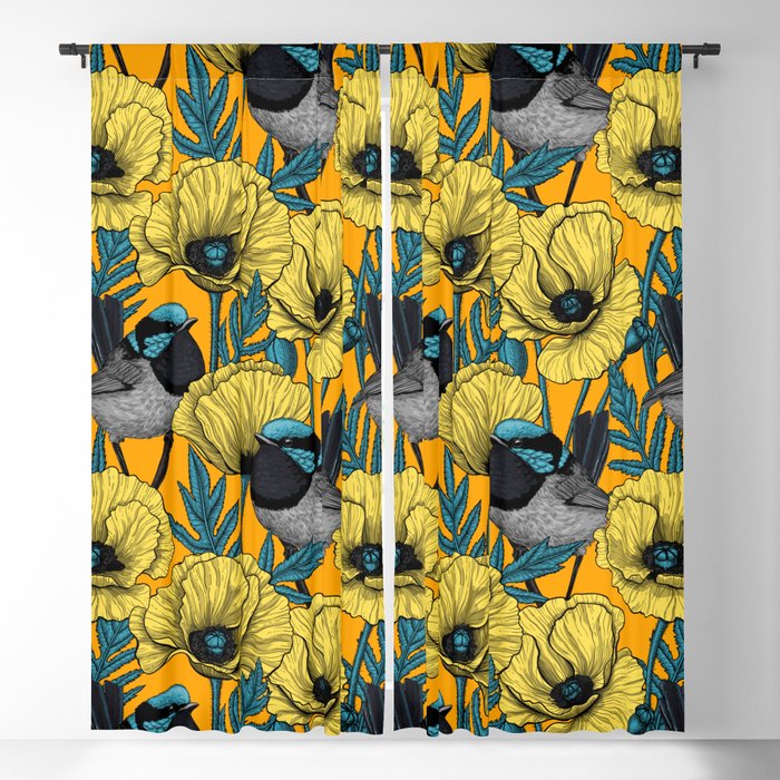 Fairy wren and poppies in yellow Blackout Curtain
