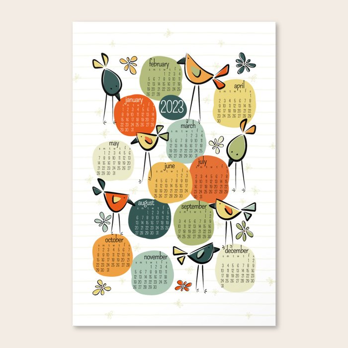 Bird Calendar 2023 Funny Birds Garden Party Vintage Colors Canvas