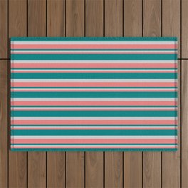 [ Thumbnail: Light Coral, Teal, and Light Grey Colored Lined/Striped Pattern Outdoor Rug ]