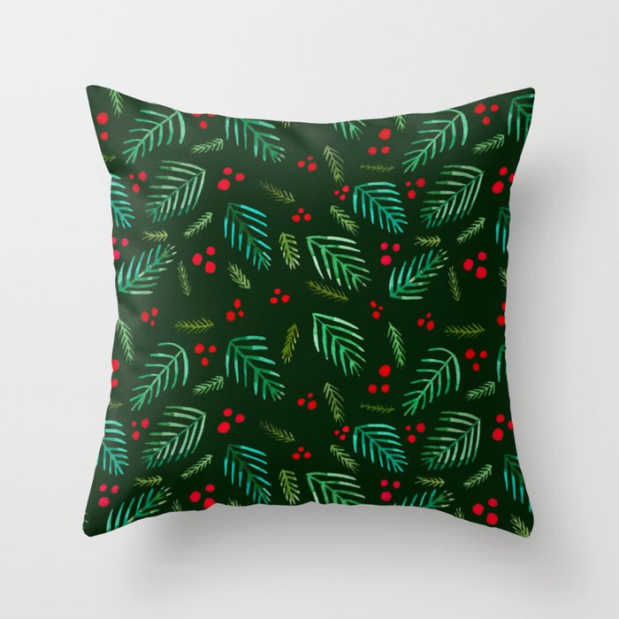 Christmas tree branches and berries - green Throw Pillow