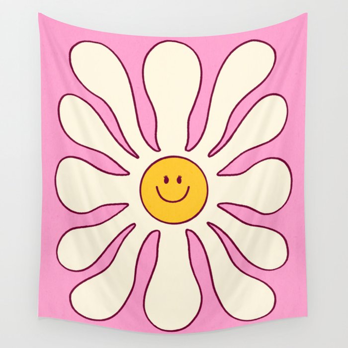 Retro Pink White Daisy Flower 70s  Wall Tapestry