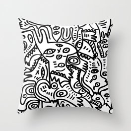 Hand Drawing Graffiti Creatures in the Summer Afternoon Black and White Throw Pillow
