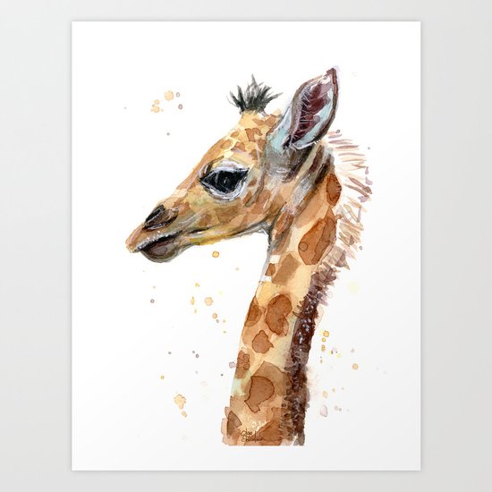 Giraffe Watercolor Cute Baby Animals Whimsical Art Art Print