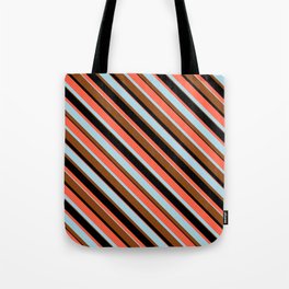 [ Thumbnail: Red, Light Blue, Brown, and Black Colored Lines/Stripes Pattern Tote Bag ]