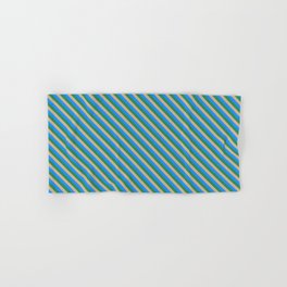 [ Thumbnail: Tan, Blue, and Sea Green Colored Pattern of Stripes Hand & Bath Towel ]