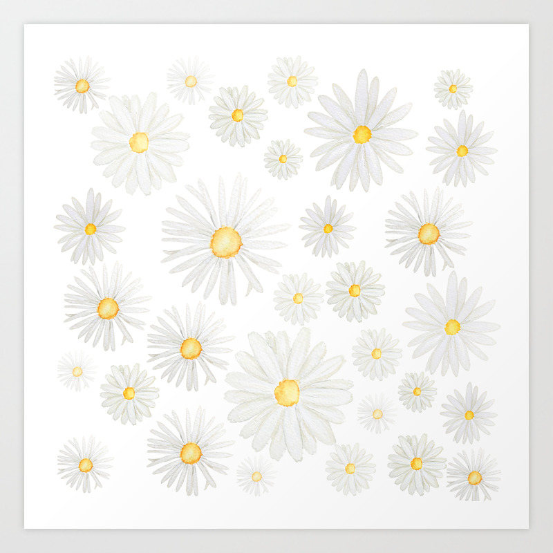 white daisy pattern watercolor art print by colorandcolor