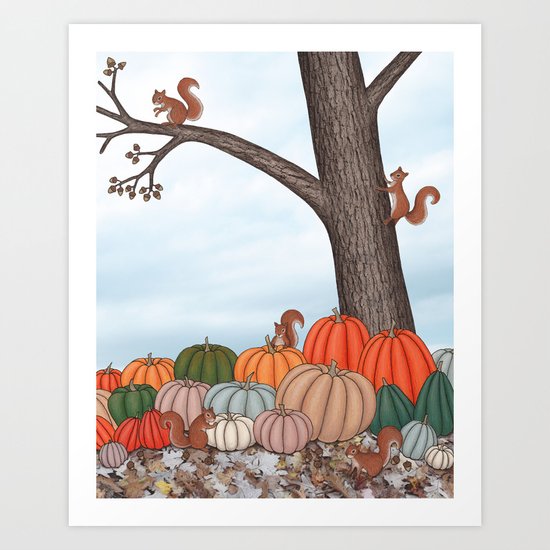 heirloom pumpkins, squirrels, & the oak tree Art Print