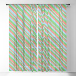 [ Thumbnail: Lime Green, Red, and Light Sky Blue Colored Striped Pattern Sheer Curtain ]