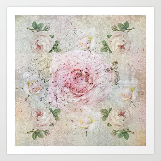 Romantic vintage roses and French handwriting Art Print