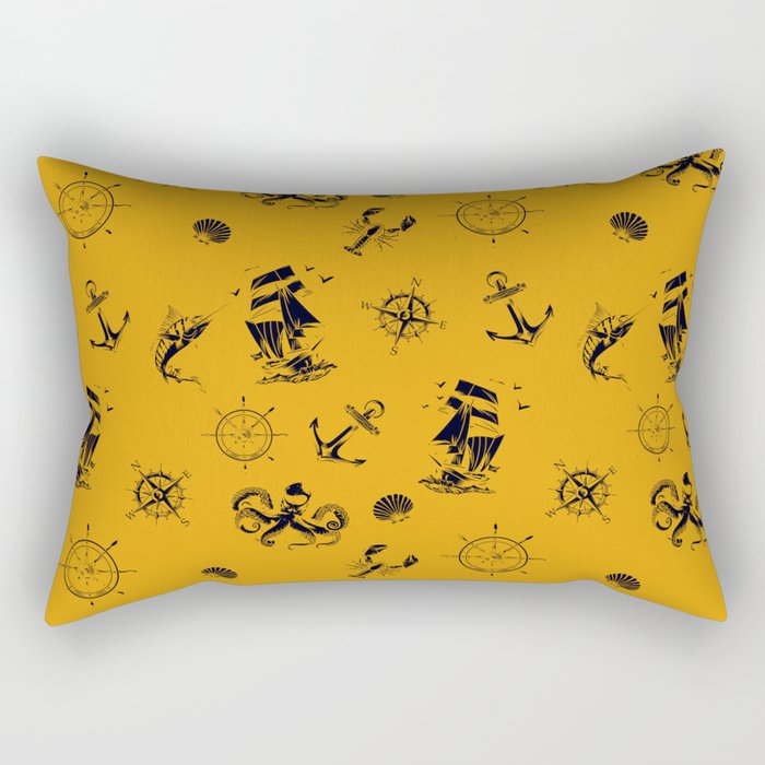 Mustard And Blue Silhouettes Of Vintage Nautical Pattern Rectangular Pillow