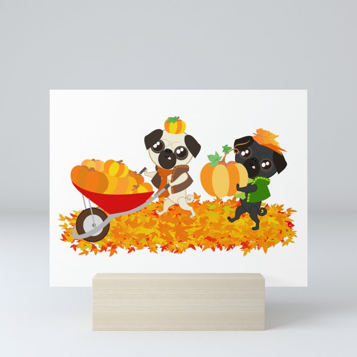 Pug Buddies and the Pumpkin Harvest. Halloween Mini Art Print
