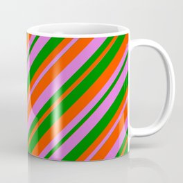 [ Thumbnail: Orchid, Green & Red Colored Stripes/Lines Pattern Coffee Mug ]