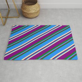 [ Thumbnail: Blue, Pale Goldenrod, Purple & Green Colored Lined/Striped Pattern Rug ]