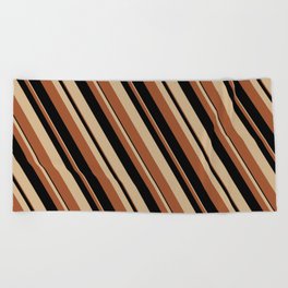 [ Thumbnail: Tan, Sienna & Black Colored Lines/Stripes Pattern Beach Towel ]
