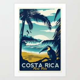 Costa Rica Retro Vintage Travel Poster Toucan Wave Surf Palm Trees Art Print