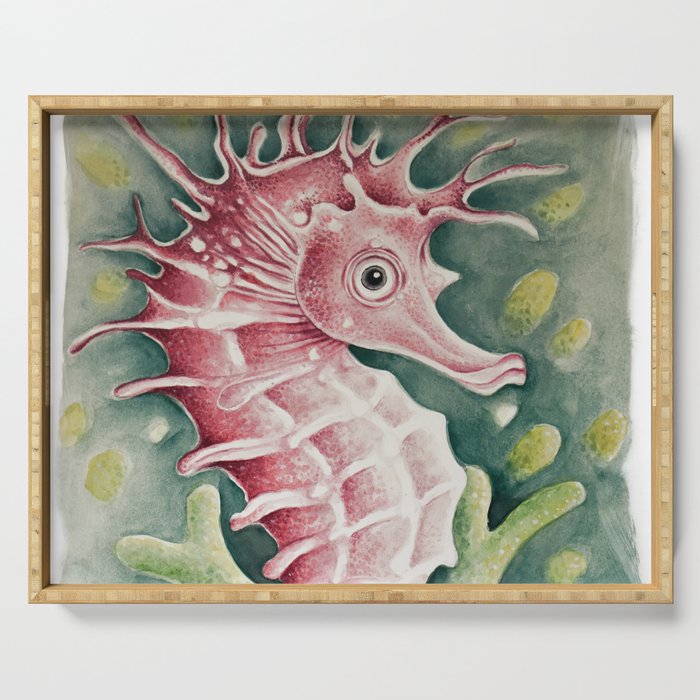 Cute Red Seahorse Green Sea Grass Watercolor  Serving Tray