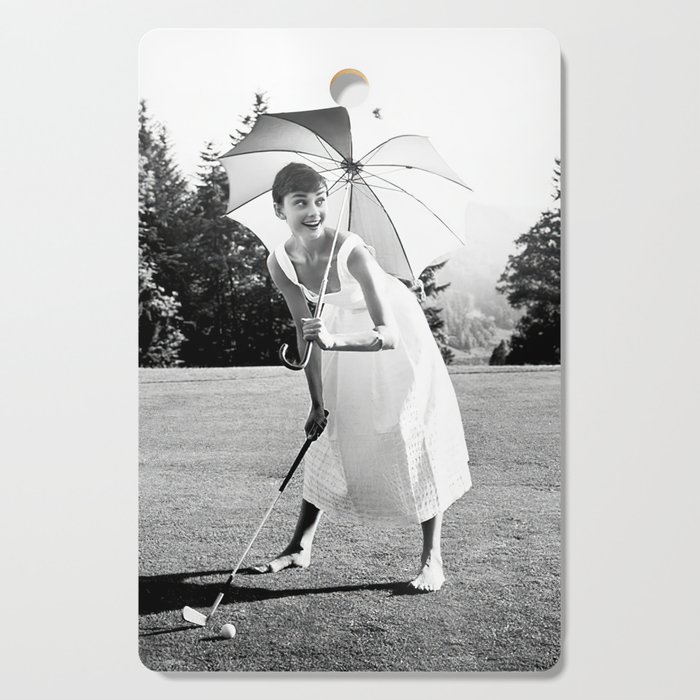 Audrey Hepburn Playing Golf, Black and White Vintage Art Cutting Board