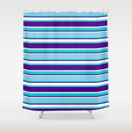 [ Thumbnail: Sky Blue, Dark Turquoise, Indigo & White Colored Lines Pattern Shower Curtain ]