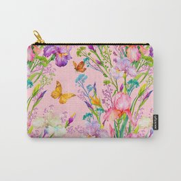 Iris and Butterfly Floral Pattern in Lilac and Pastel Pink Carry-All Pouch