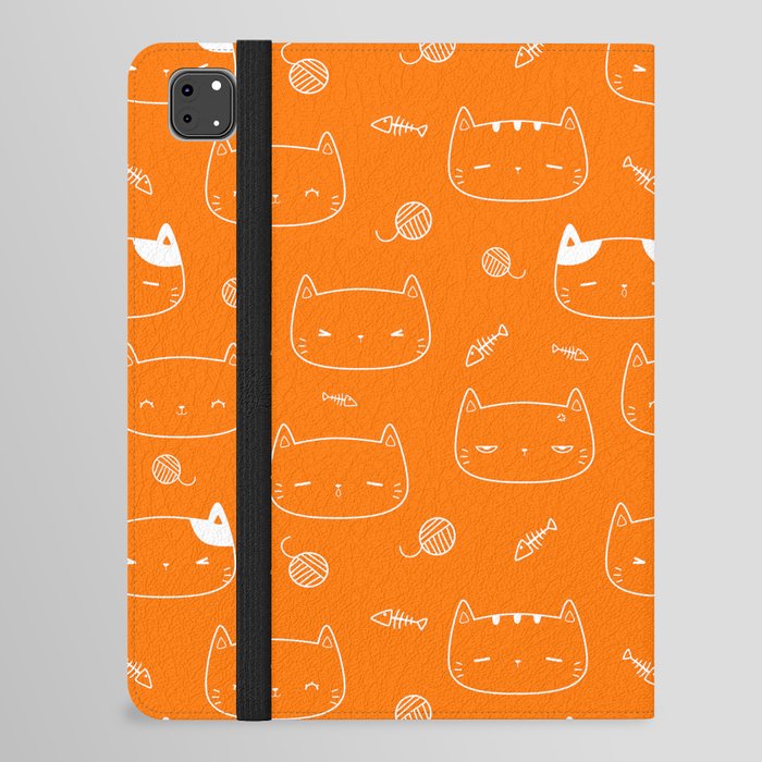 Orange and White Doodle Kitten Faces Pattern iPad Folio Case