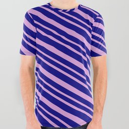 [ Thumbnail: Blue & Plum Colored Striped Pattern All Over Graphic Tee ]