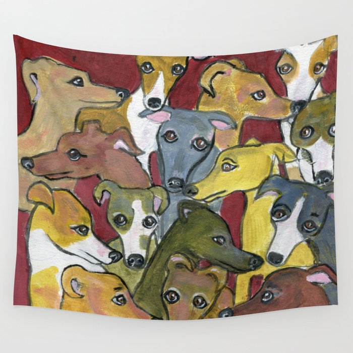 Greyhound Gathering on Maroon Wall Tapestry