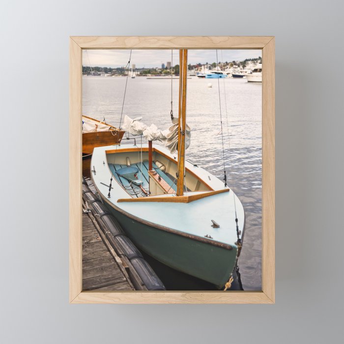 Wooden Boat Sailboat Sailing Sailor Nautical Lake Seattle Harbor Marina Recreation Outdoors Sunset Framed Mini Art Print