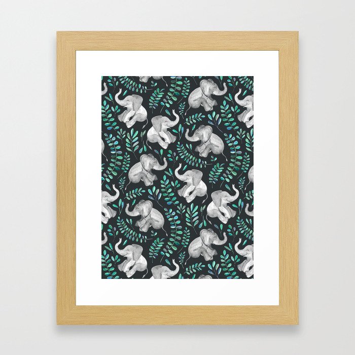 Laughing Baby Elephants – emerald and turquoise Framed Art Print