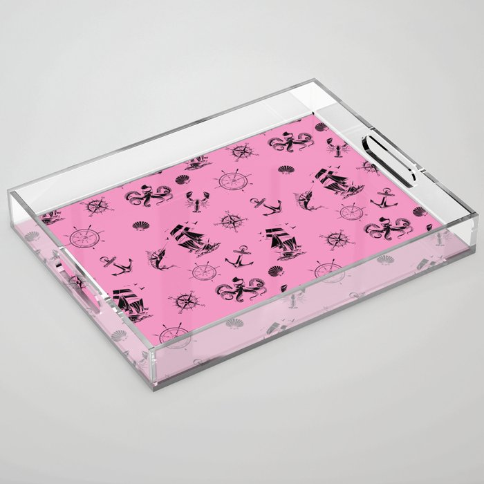 Pink And Black Silhouettes Of Vintage Nautical Pattern Acrylic Tray