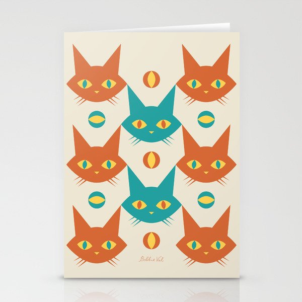 Retro Cat Pattern Vintage Cats Orange Teal Stationery Cards